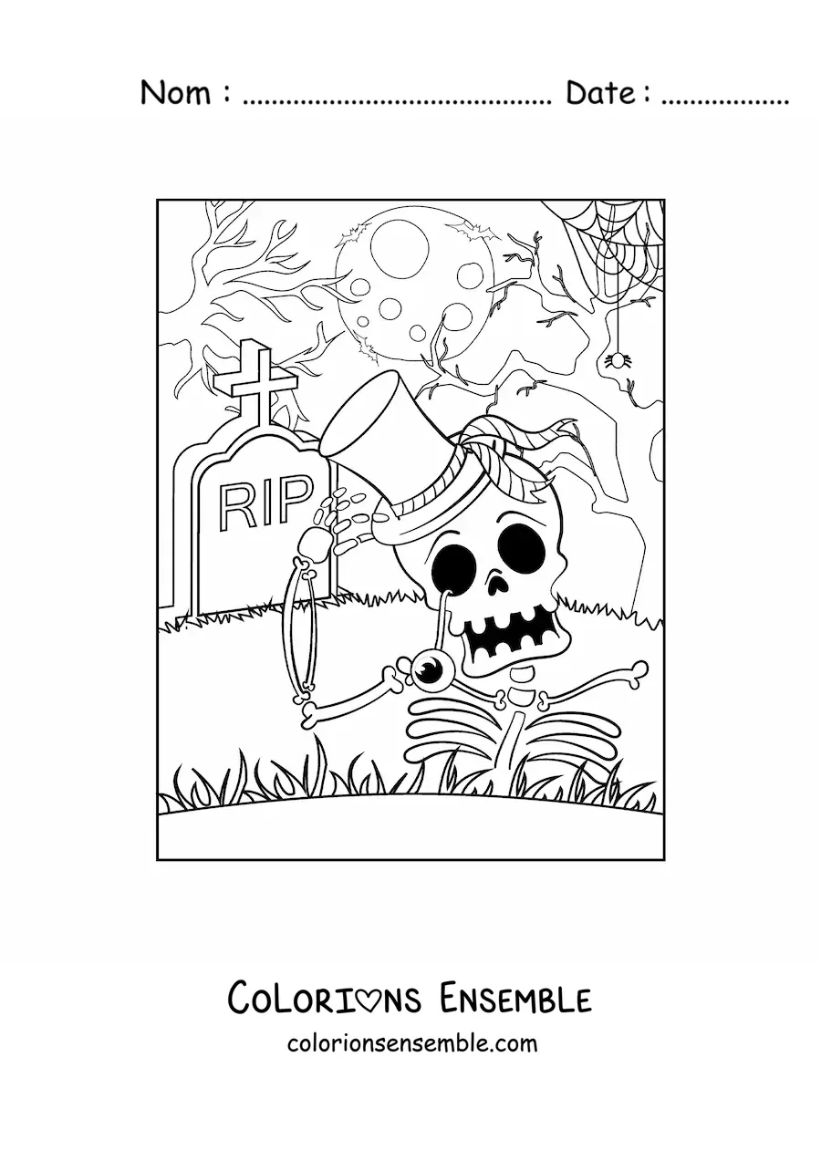 Image à colorier d’un squelette effrayant dans sa tombe la nuit d’Halloween
