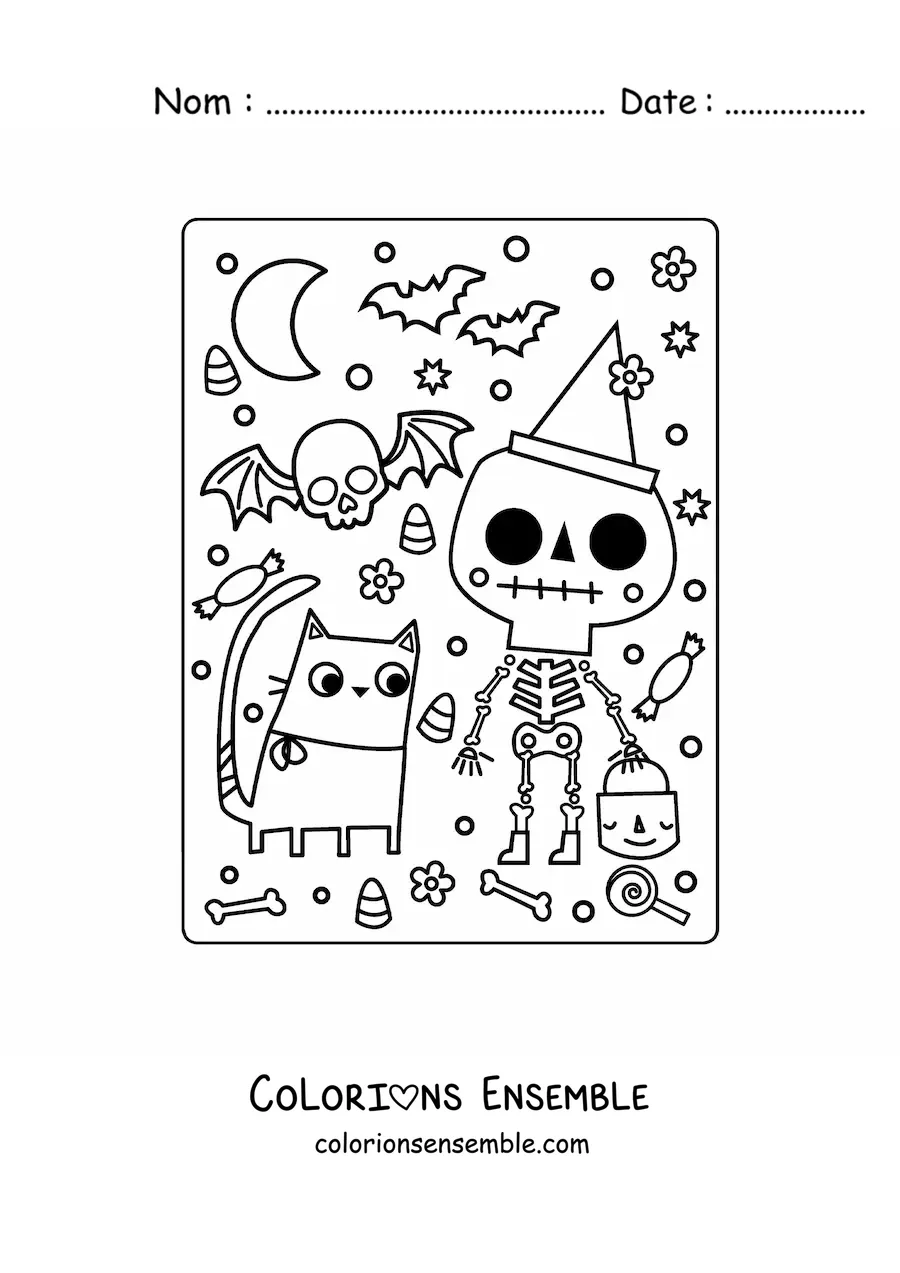 Image à colorier d’un squelette en dessin animé avec des bonbons d’Halloween