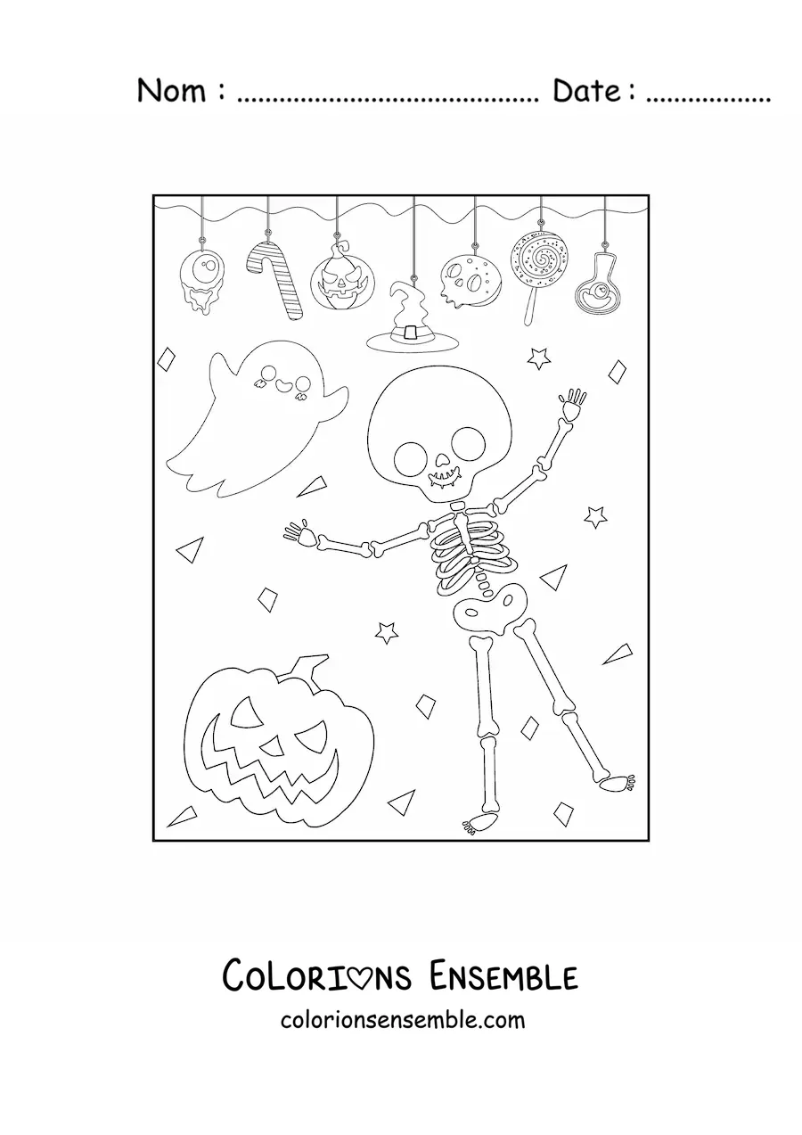 Image à colorier d’un squelette en dessin animé avec un fantôme à une fête d’Halloween
