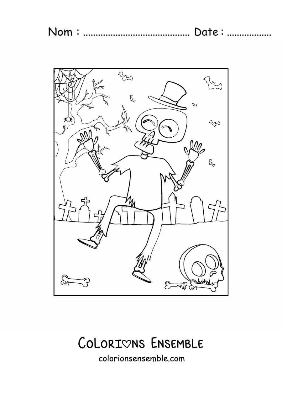 Image à colorier d’un squelette dansant à Halloween