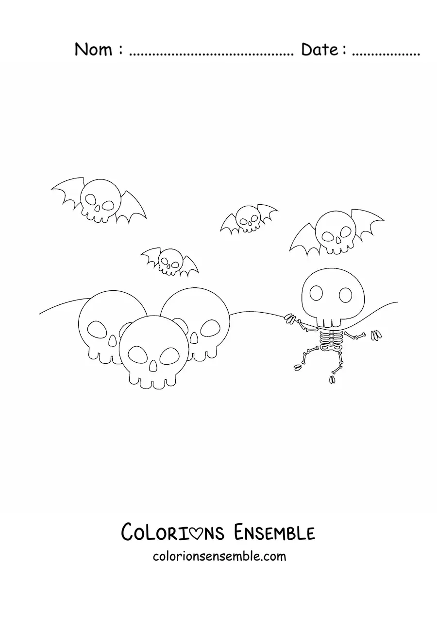 Image à colorier d’un squelette et de crânes d’Halloween