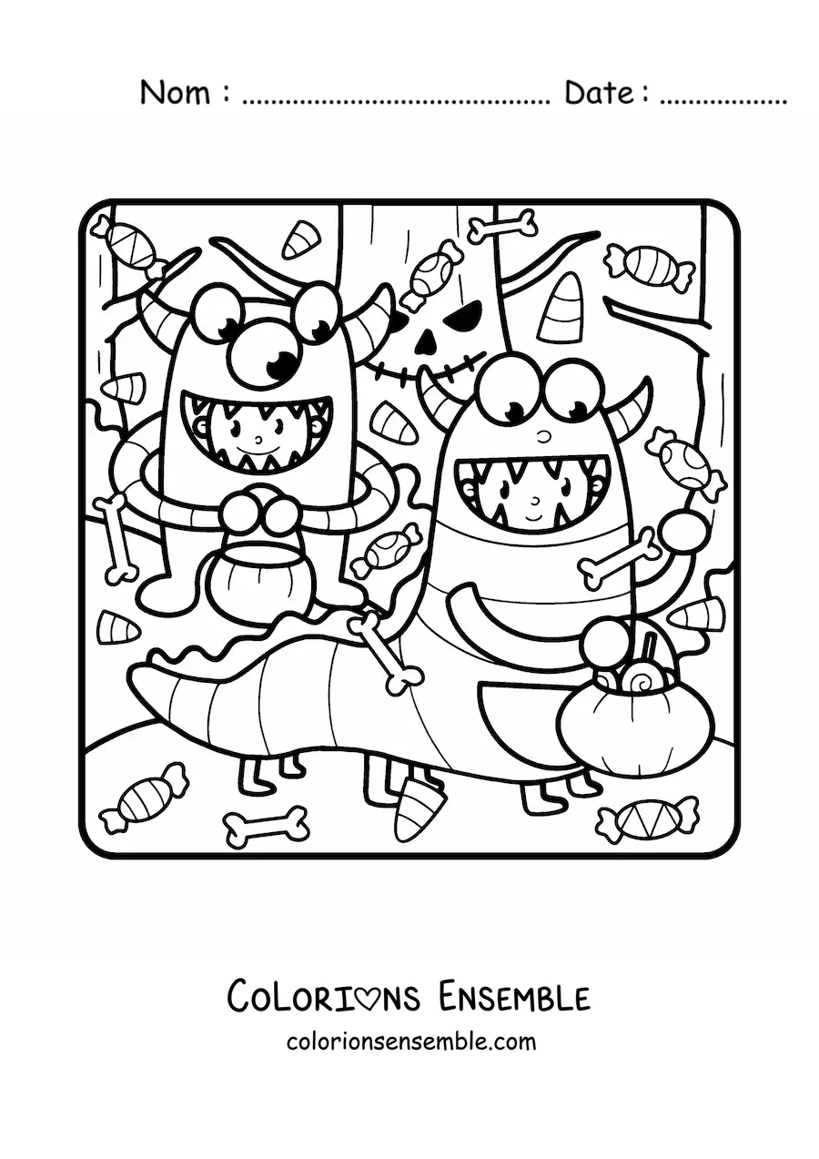 Image à colorier d’enfants déguisés en monstres à une fête d’Halloween