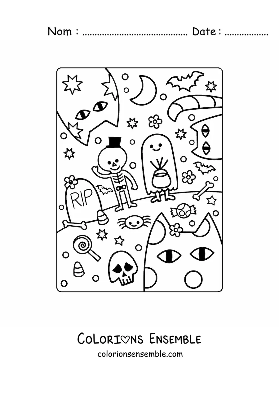 Image à colorier d’enfants déguisés en fantôme et en squelette à une fête d’Halloween