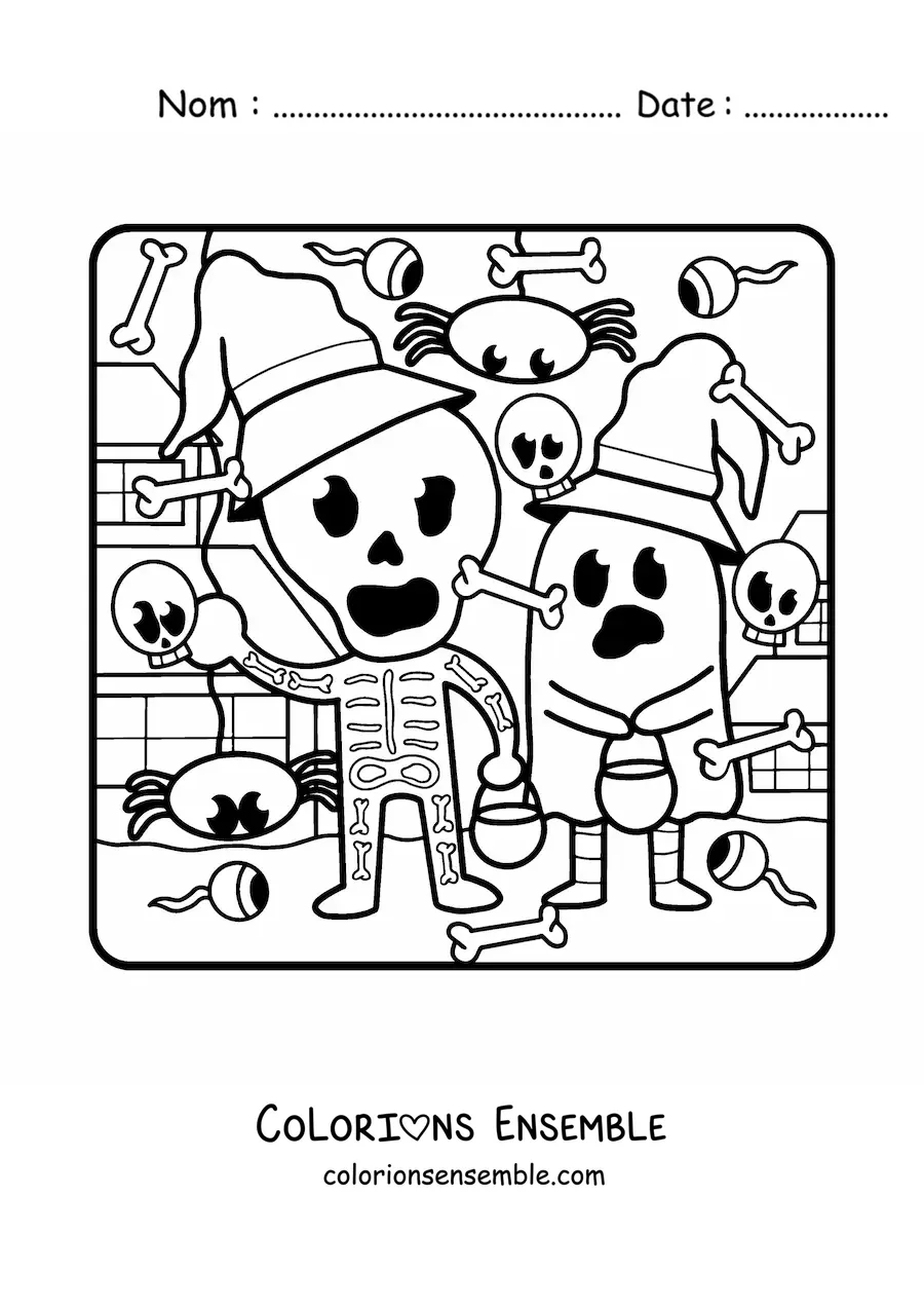 Image à colorier d’enfants déguisés en fantôme et en squelette à Halloween