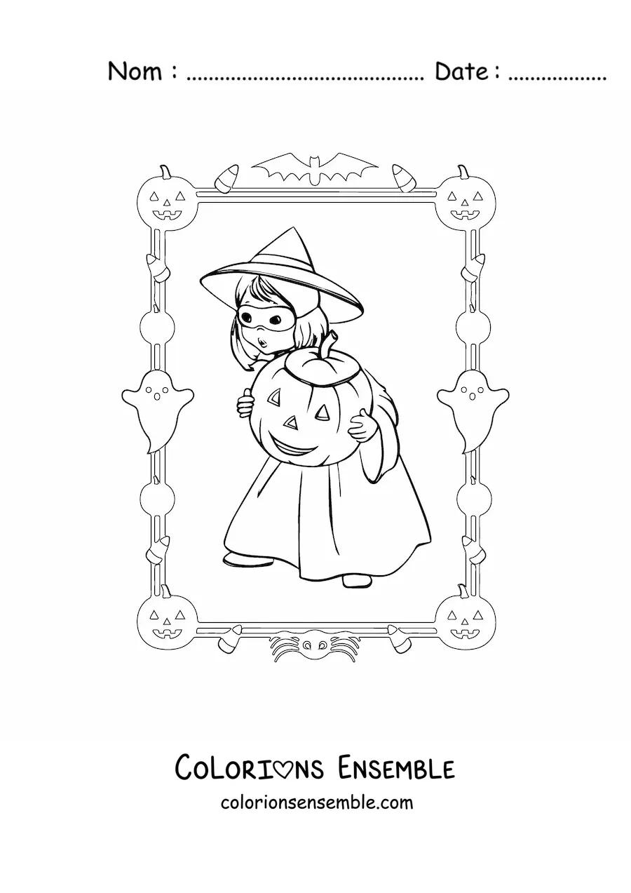 Image à colorier d’une fille en costume de sorcière avec une citrouille d’Halloween