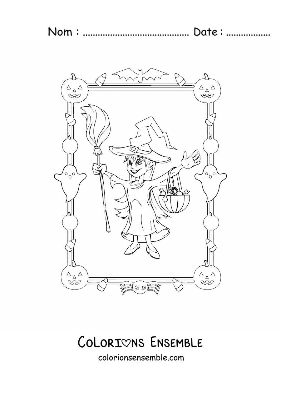 Image à colorier d’une fille déguisée en sorcière demandant des bonbons à Halloween