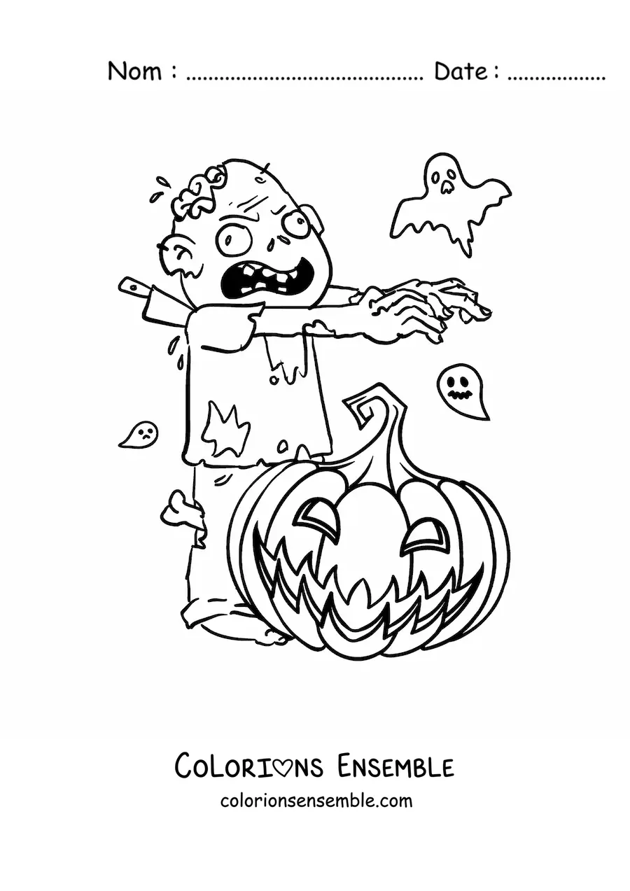 Image à colorier d’un zombie avec une citrouille d’Halloween
