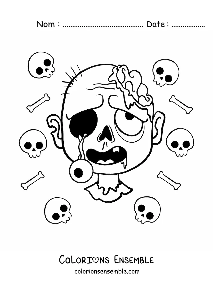 Image à colorier d’un visage de zombie d’Halloween