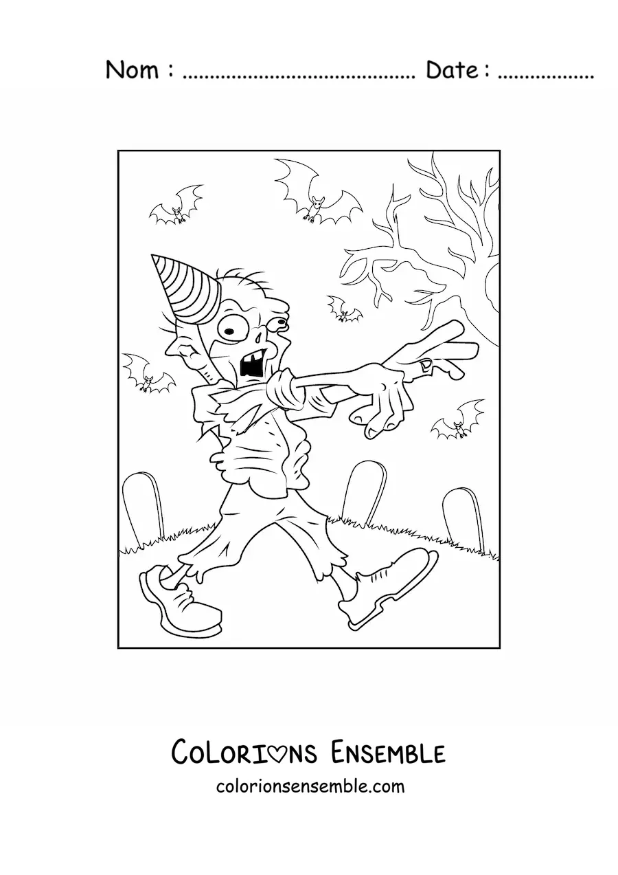 Image à colorier d’un zombie rigolo qui marche avec un chapeau de fête