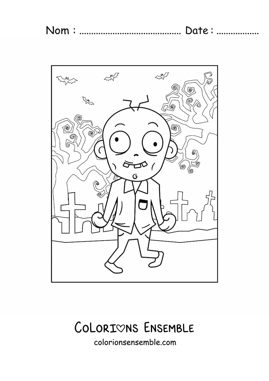 Image à colorier d’un zombie rigolo qui danse dans un cimetière à Halloween