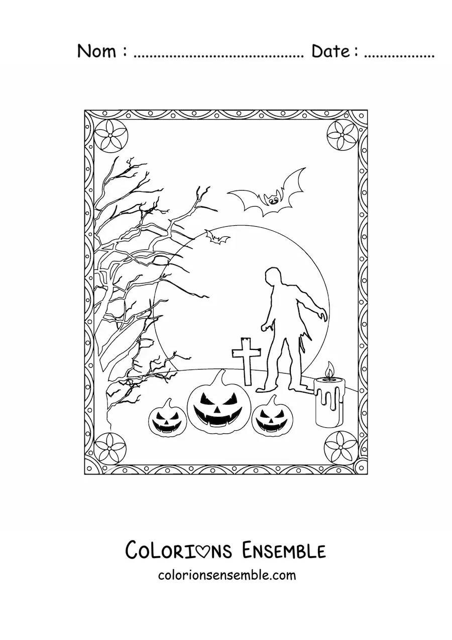 Image à colorier d’une silhouette de zombie qui marche dans un cimetière à Halloween