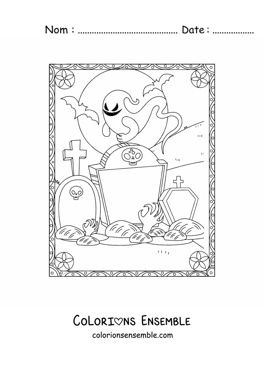 Image à colorier d’une main de zombie qui sort de sa tombe avec des fantômes
