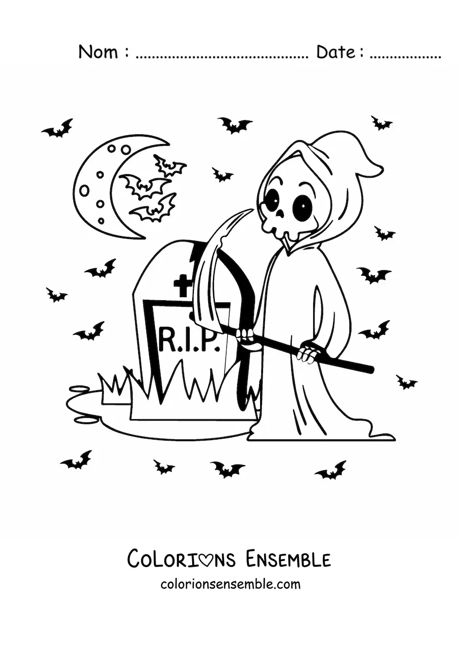 Image à colorier d’une tombe avec la mort rigolote