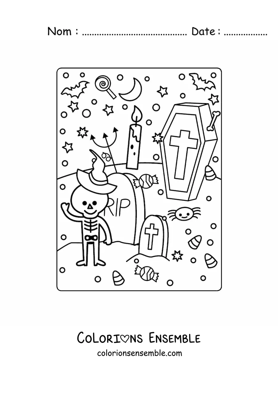Image à colorier d’un cimetière avec un squelette kawaii d’Halloween