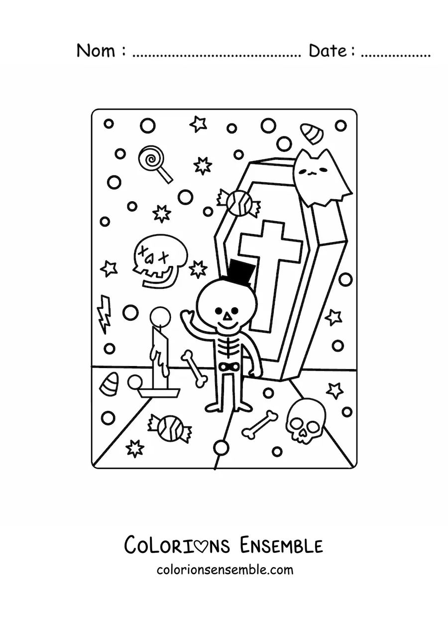 Image à colorier d’une tombe avec un squelette kawaii d’Halloween