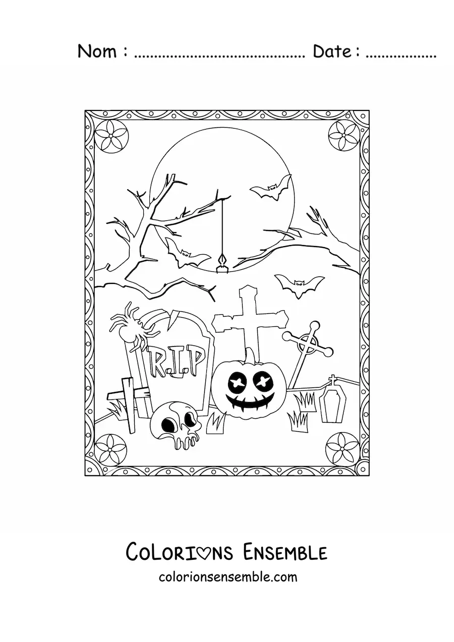 Image à colorier de tombes avec un crâne la nuit d’Halloween