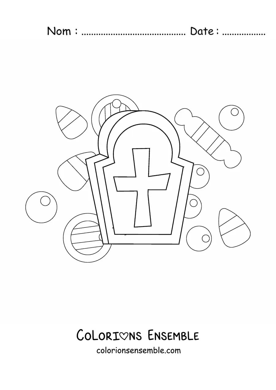 Image à colorier d’une tombe avec des bonbons d’Halloween