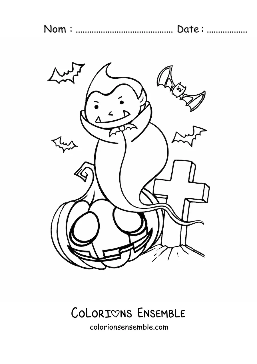 Image à colorier d’un vampire rigolo avec une citrouille d’Halloween