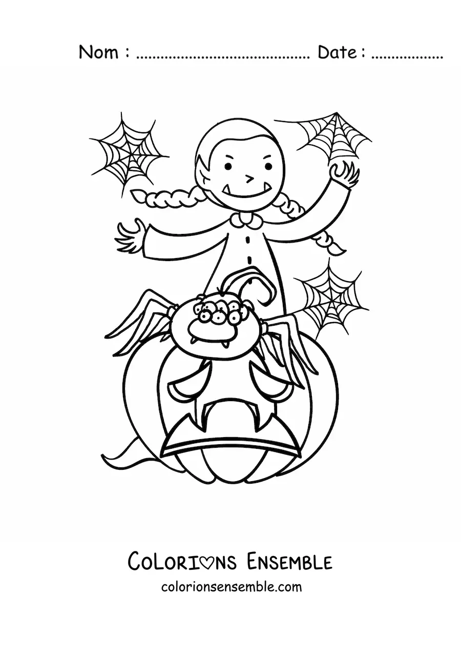 Image à colorier d’une fille vampire avec une araignée et une citrouille d’Halloween