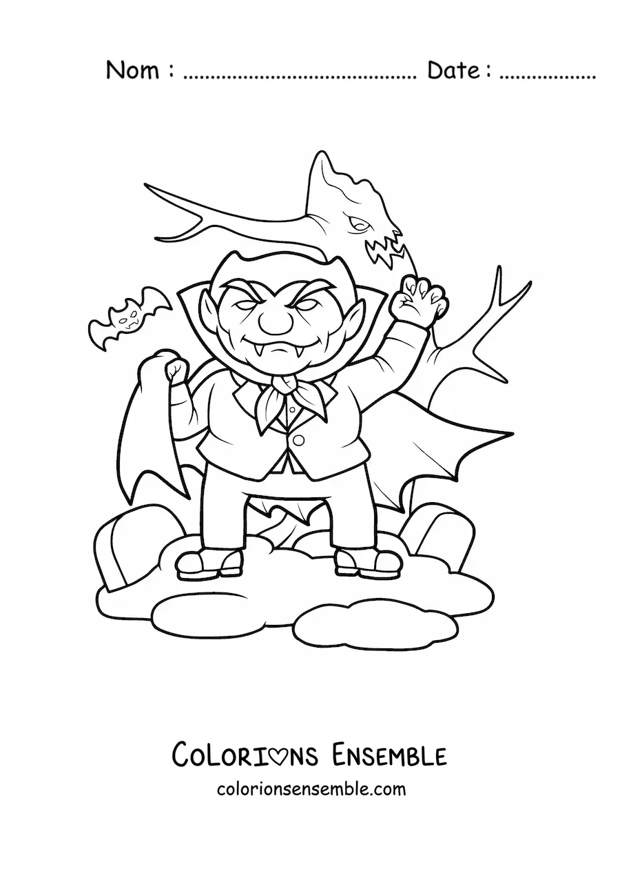 Image à colorier d’un vampire rigolo à Halloween avec des chauves-souris