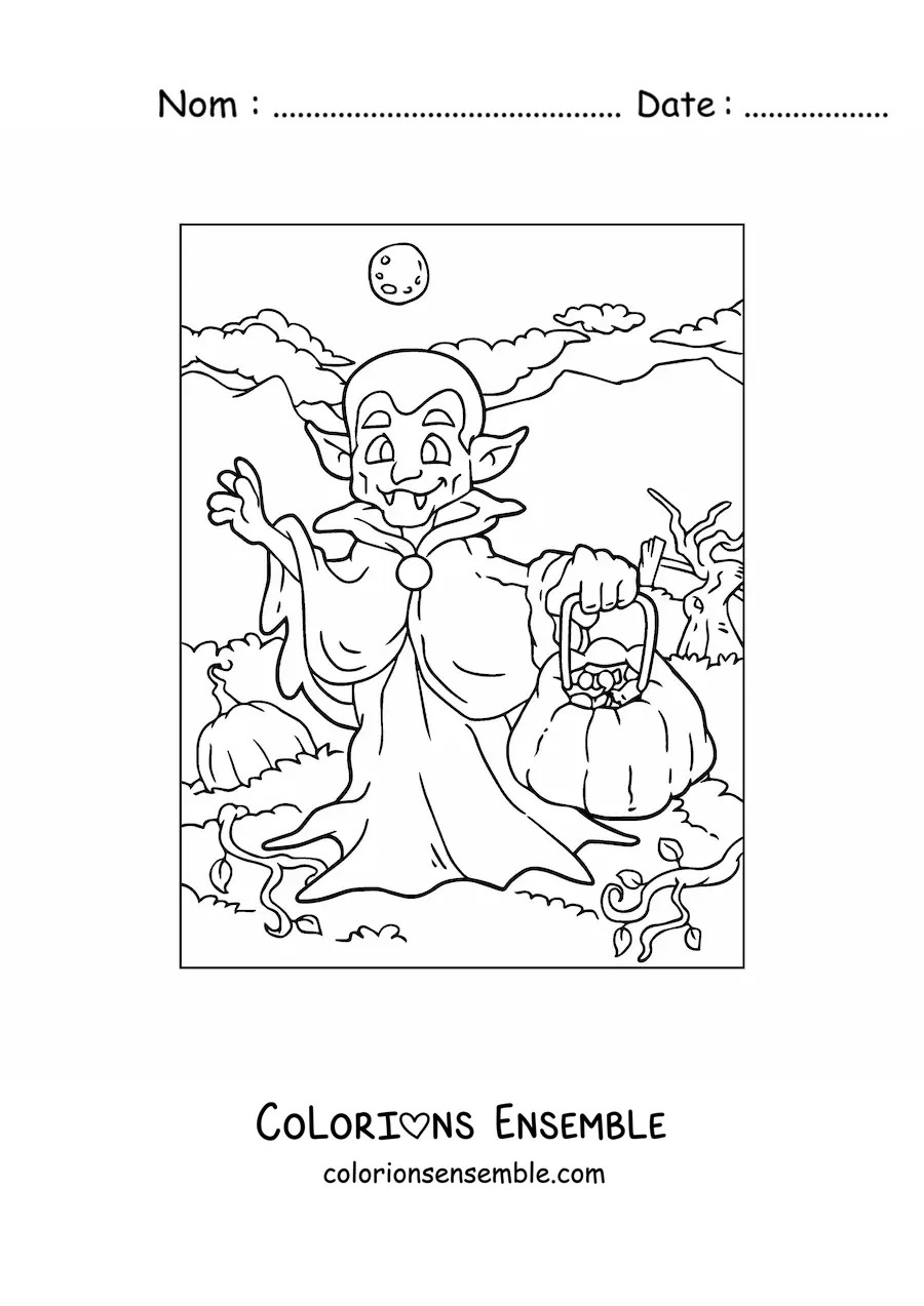 Image à colorier d’un dessin de vampire avec une citrouille d’Halloween