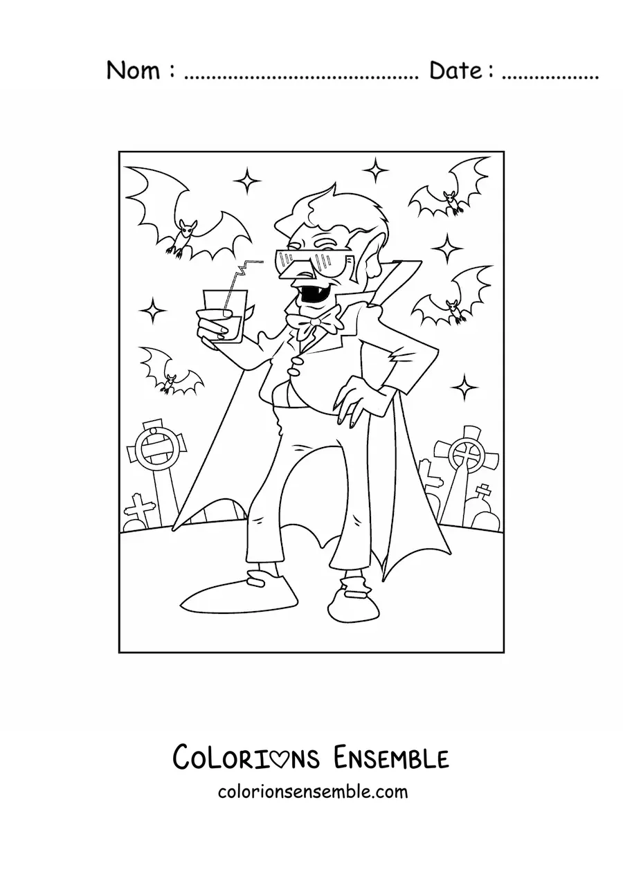 Image à colorier d’un vampire rigolo avec des chauves-souris et des lunettes de soleil dans un cimetière