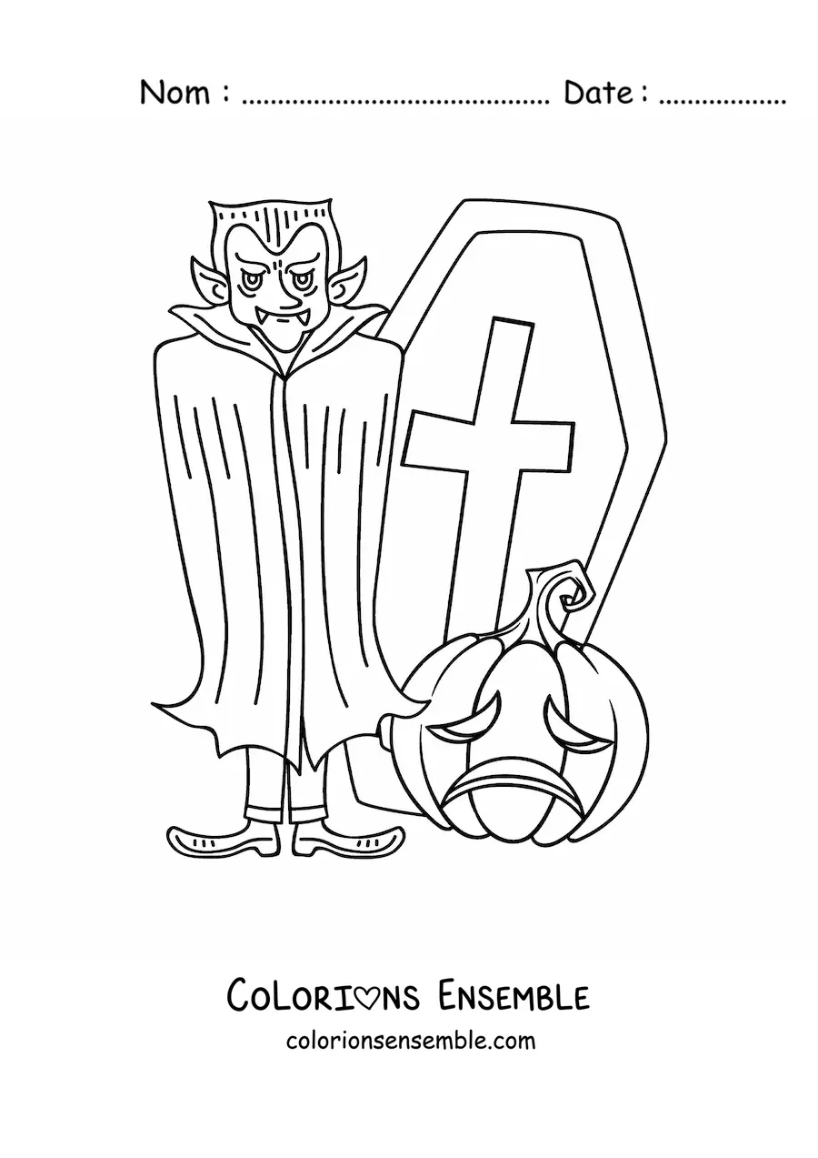 Image à colorier du comte Dracula avec une tombe et une citrouille d’Halloween