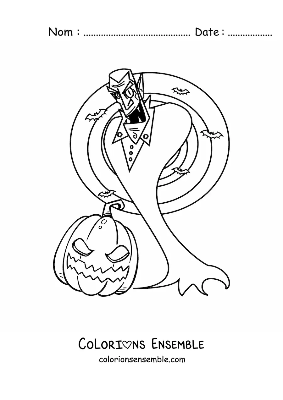 Image à colorier du comte Dracula avec des chauves-souris et une citrouille d’Halloween
