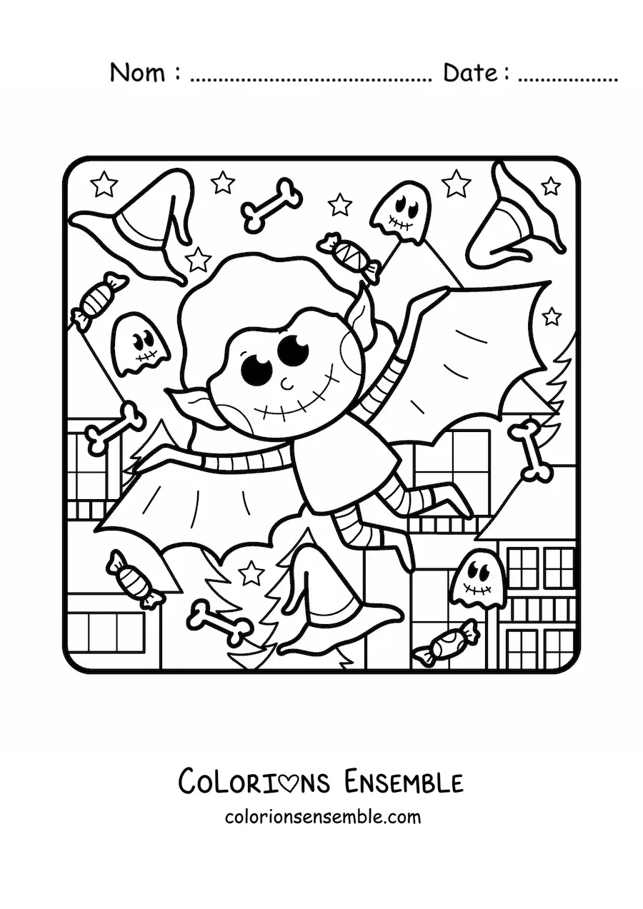 Image à colorier d’une chauve-souris vampire kawaii pour Halloween