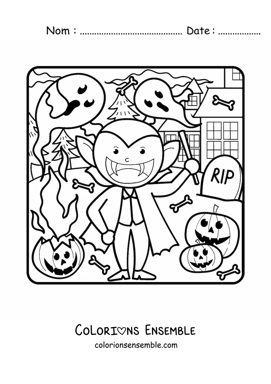 Image à colorier d’un vampire kawaii pour Halloween avec des fantômes et des citrouilles