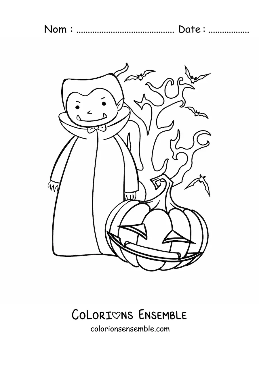 Image à colorier d’un vampire avec une citrouille d’Halloween