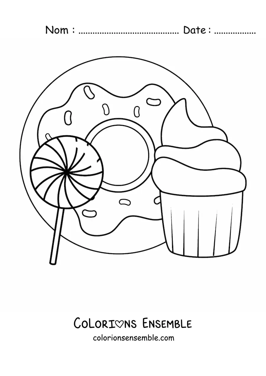 Image à colorier d'un donut à côté d'un cupcake et d'une glace à l'eau