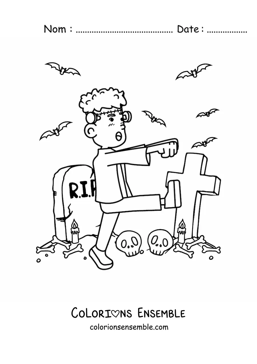 Image à colorier de Frankenstein rigolo qui marche dans un cimetière à Halloween