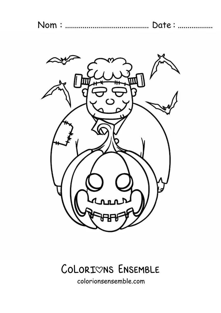 Image à colorier d’un grand Frankenstein rigolo avec une citrouille d’Halloween