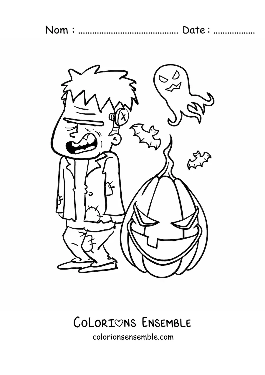 Image à colorier d’un grand Frankenstein rigolo avec des fantômes et une citrouille d’Halloween