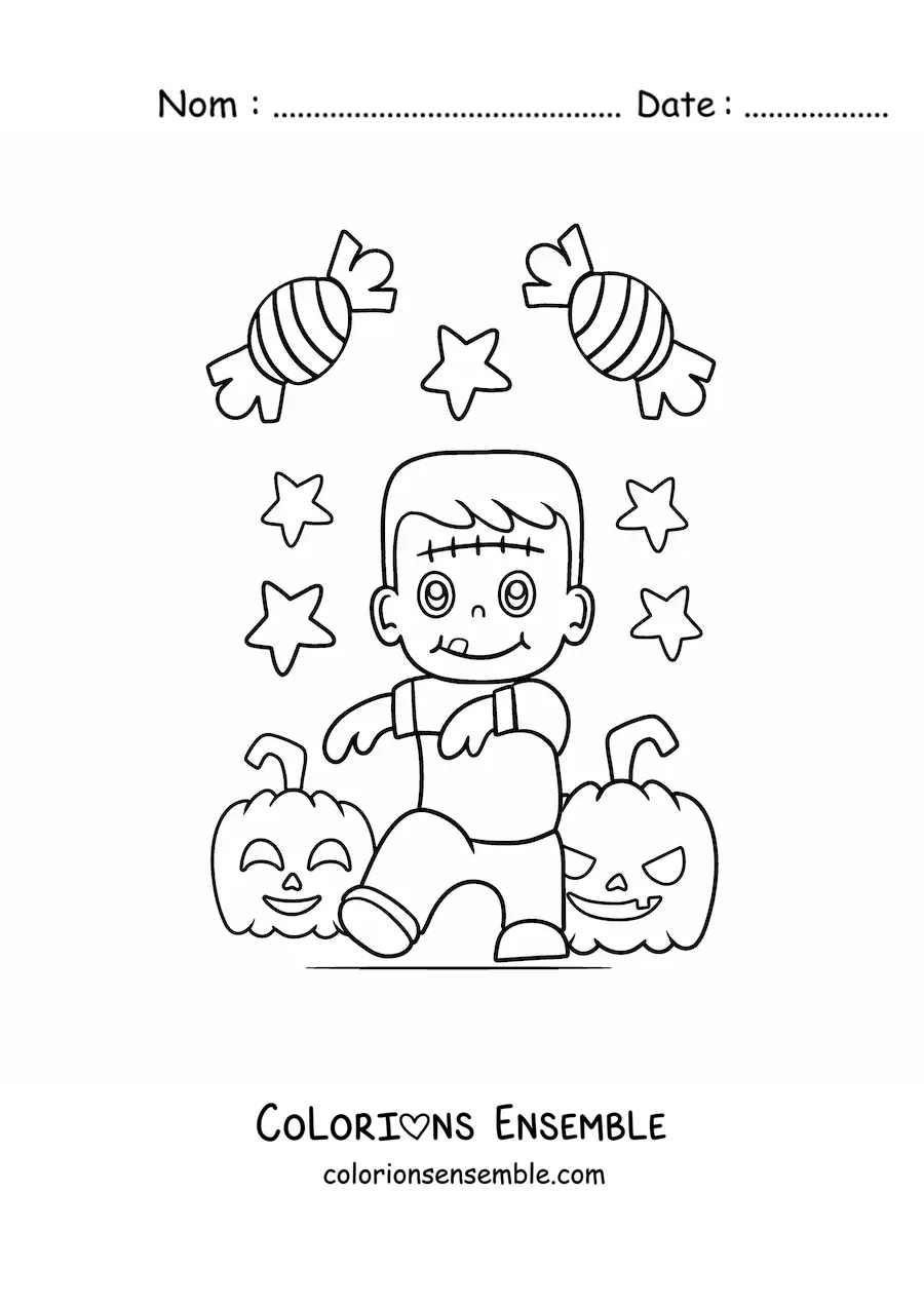 Image à colorier d’un Frankenstein kawaii avec des citrouilles et des bonbons d’Halloween