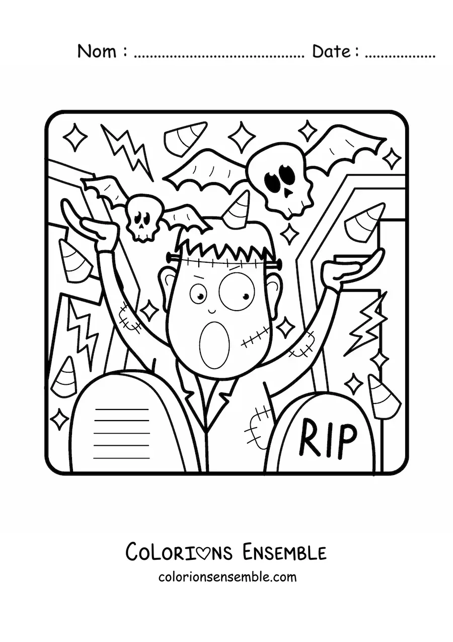 Image à colorier de Frankenstein rigolo avec un crâne et des bonbons d’Halloween