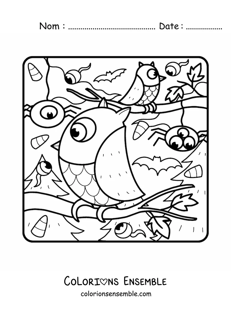 Image à colorier d’un hibou avec des araignées d’horreur
