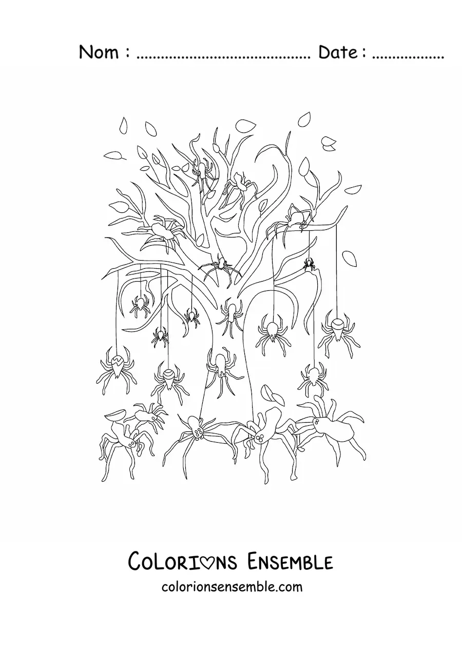 Image à colorier d’un arbre avec des araignées d’horreur