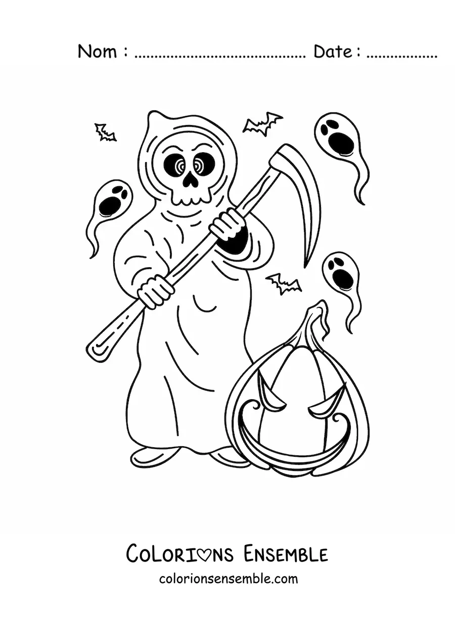 Image à colorier de la mort avec une citrouille d’Halloween effrayante