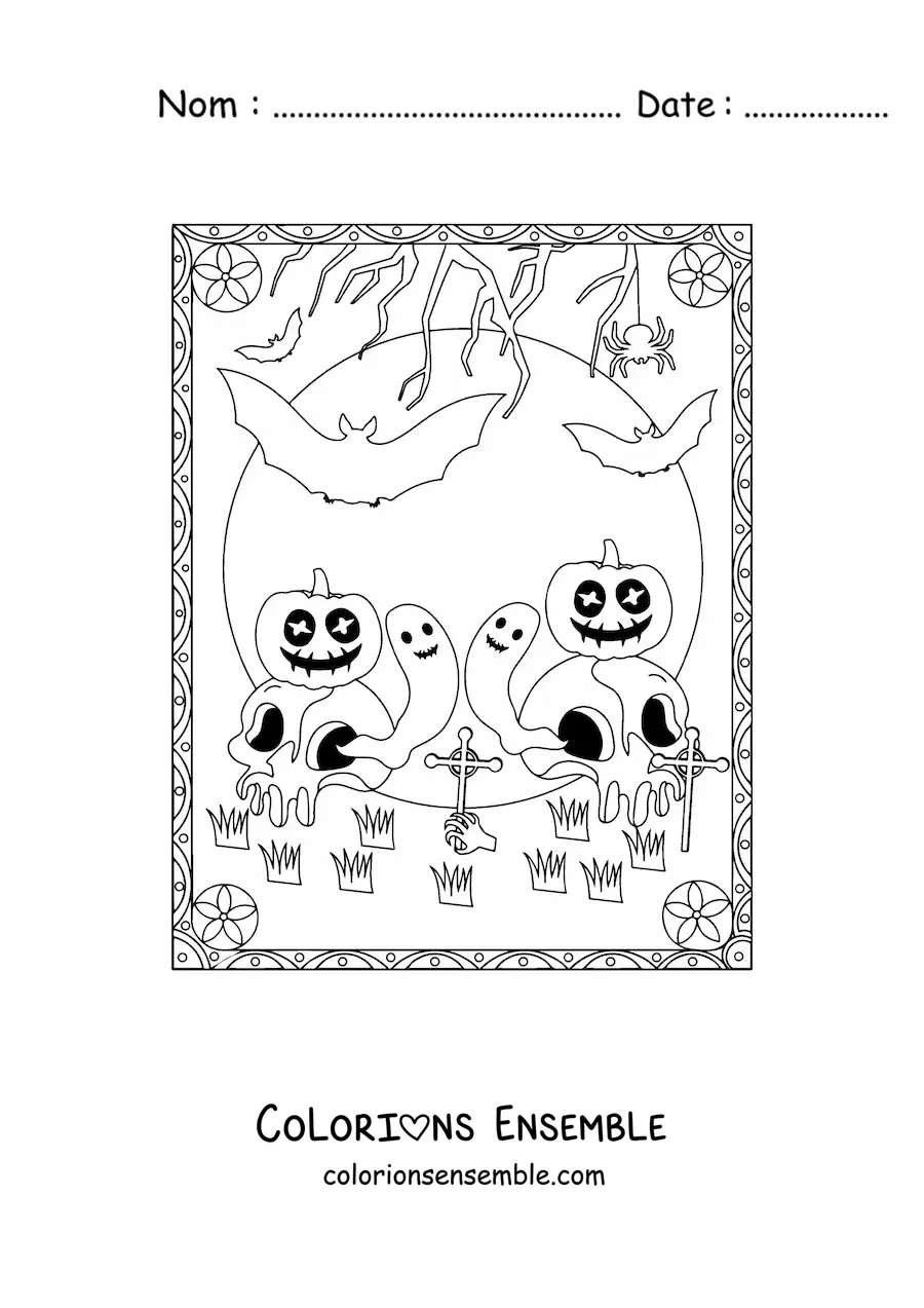 Image à colorier de citrouilles d’Halloween effrayantes avec des crânes et des fantômes