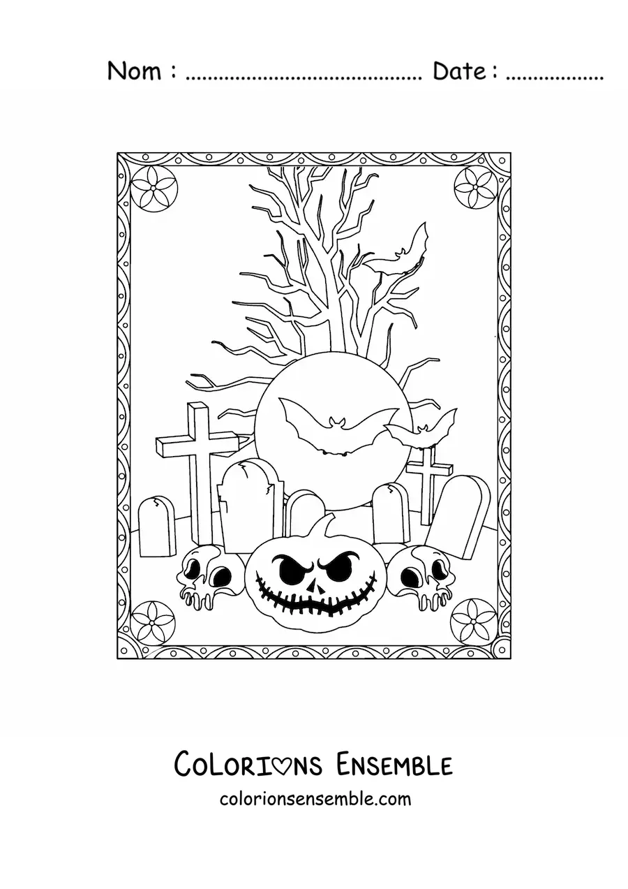 Image à colorier d’une citrouille d’Halloween effrayante avec des tombes et des chauves-souris