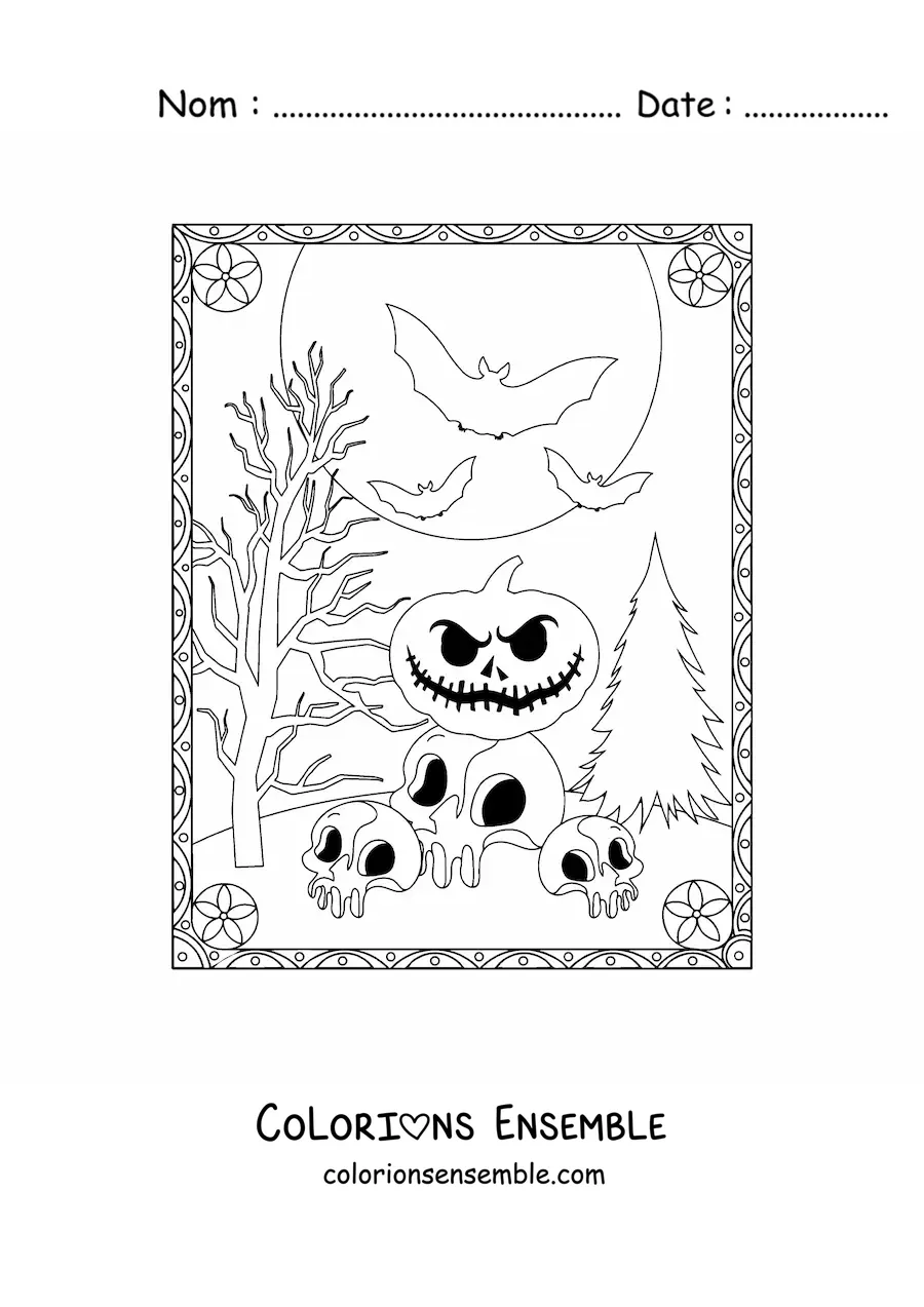 Image à colorier de citrouilles d’Halloween effrayantes avec des crânes et des chauves-souris