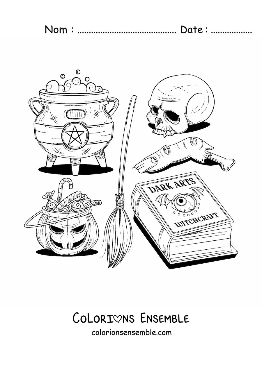 Image à colorier d’éléments de sorcellerie d’horreur
