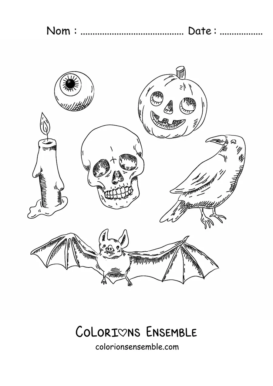Image à colorier d’éléments d’Halloween d’horreur