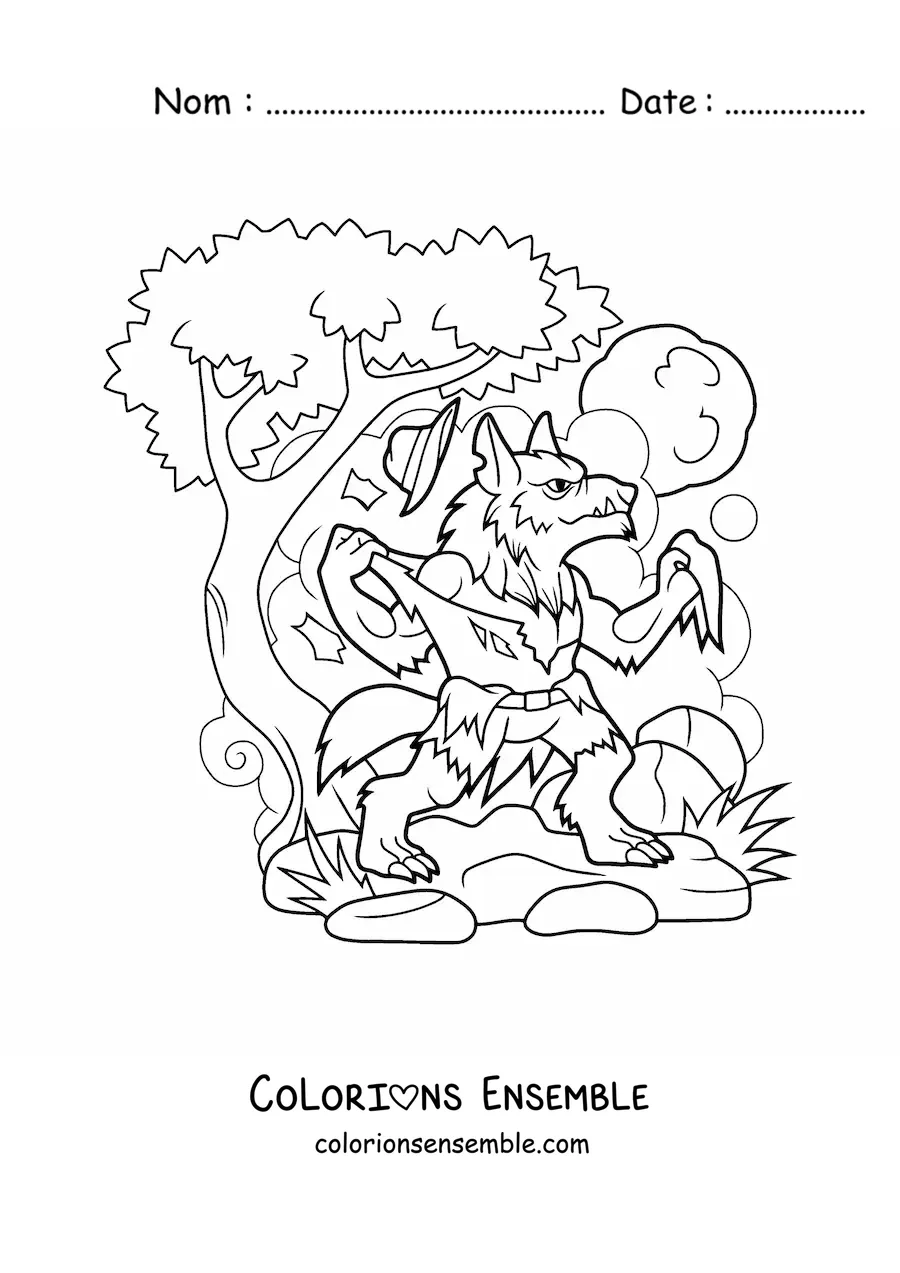 Image à colorier d’un loup-garou rigolo en pleine transformation