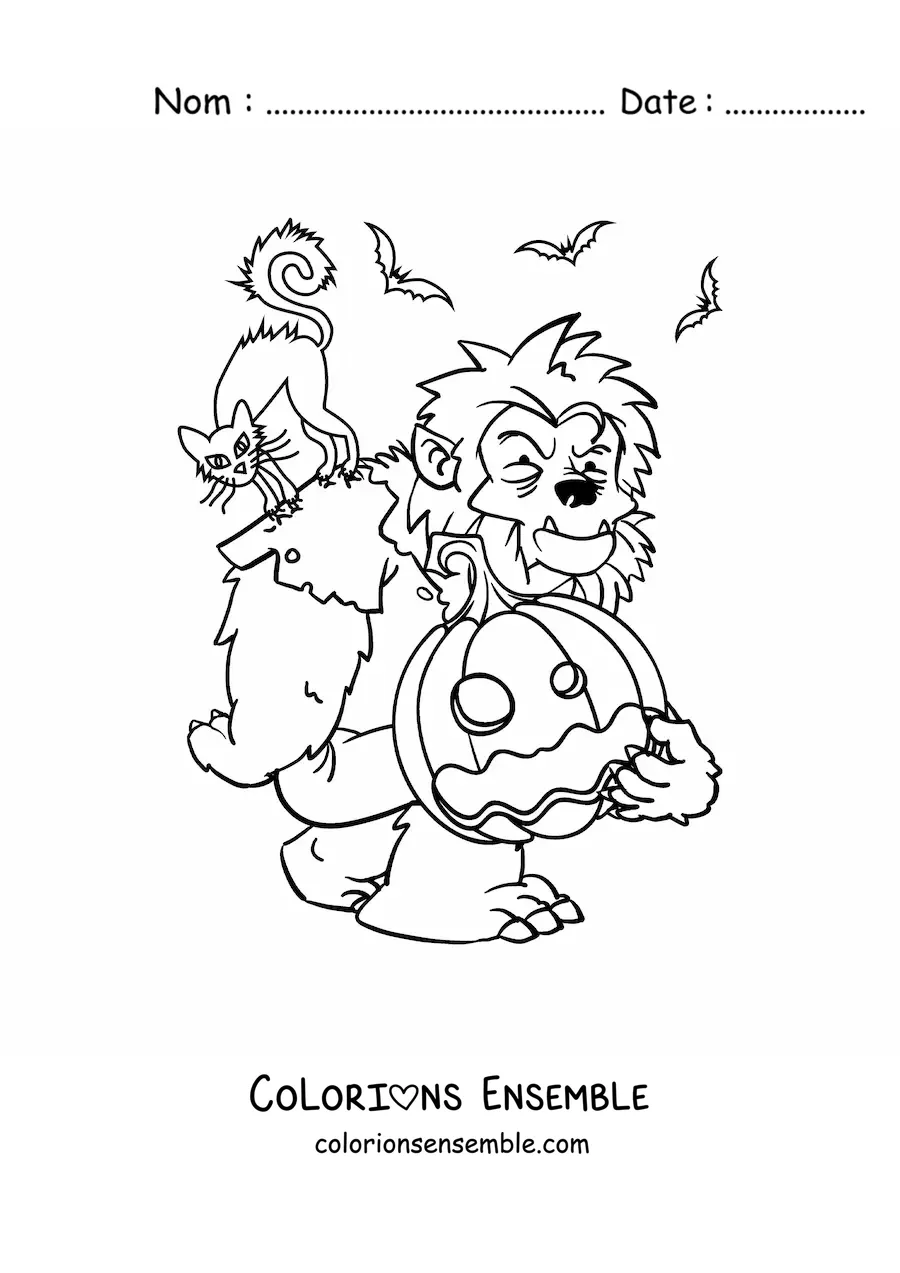 Image à colorier d’un loup-garou avec une citrouille d’Halloween