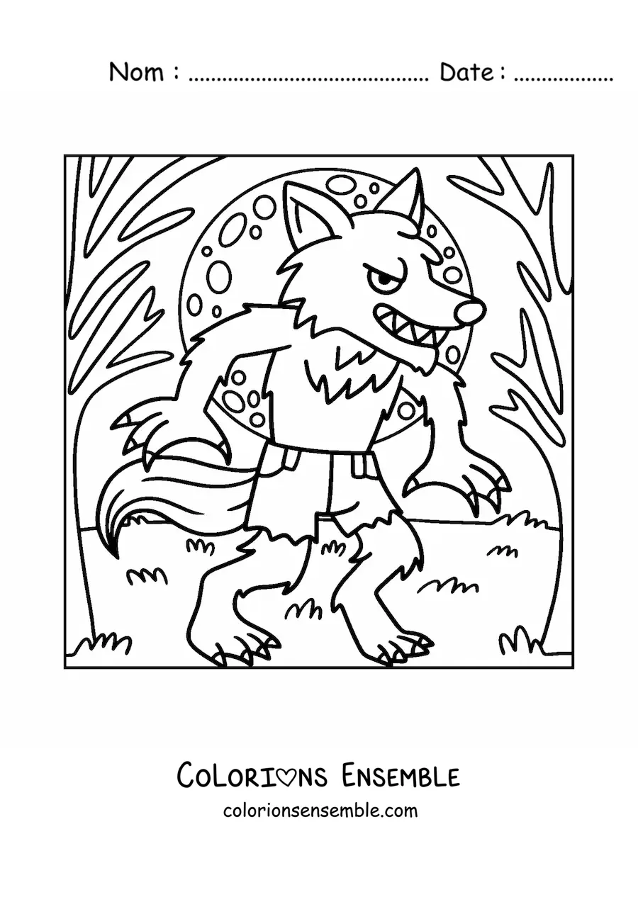 Image à colorier d’un loup-garou avec la pleine lune
