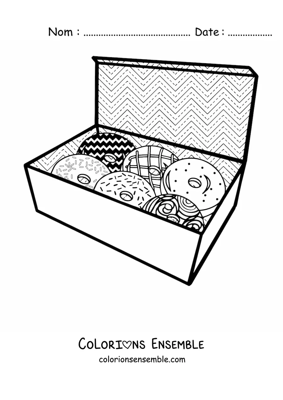 Image à colorier d'une boîte remplie de donuts