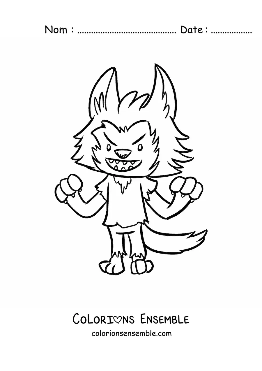 Image à colorier d’un loup-garou kawaii qui fait peur